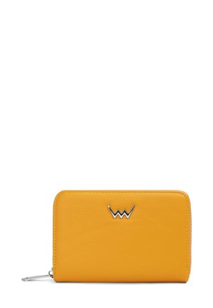 Yellow leather wallet with a textured finish, featuring a silver logo accent on the front and a zippered closure.