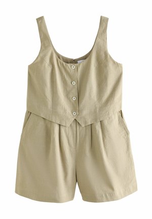 Light beige linen jumpsuit with a fitted bodice, wide straps, button front, and loose shorts featuring side pockets and subtle texture.