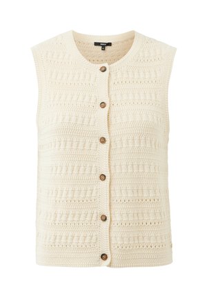 Veste sans manches en tricot couleur crème avec un motif texturé et six boutons bruns sur le devant, col rond.