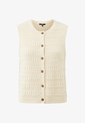 Veste sans manches en tricot couleur crème avec un motif texturé et six boutons bruns sur le devant, col rond.