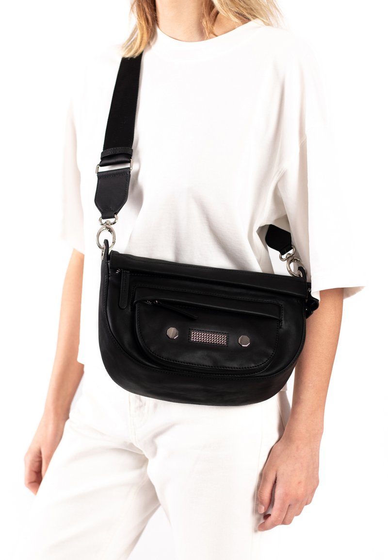 Black leather crossbody bag with a smooth texture, zippered pocket, metallic accents, and an adjustable strap. Compact oval shape.