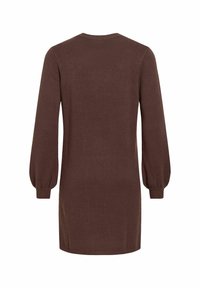 Robe en maille marron à manches longues, col rond et manches avec revers, vue de dos sur fond blanc.