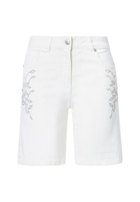Shorts de denim blanco con embellishments florales plateados en los bolsillos, diseño de cinco bolsillos y cierre clásico de botón. Textura suave, ajuste de tiro medio.
