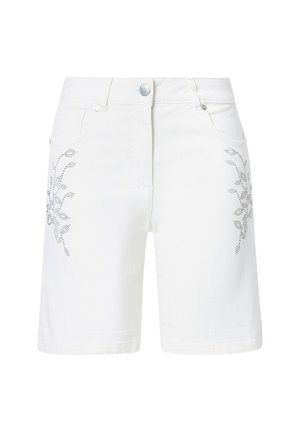 Bílé denimové šortky se stříbrnými květinovými ozdobami na kapsách, pětikapsový design a klasické zapínání na knoflík. Hladká textura, střední výška pasu.