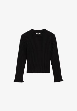 Schwarzer, gerippter Pullover mit Rundhalsausschnitt und langen Ärmeln. Verfügt über Rüschenakzente an den Ärmelenden. Aus strukturiertem Strickmaterial gefertigt.
