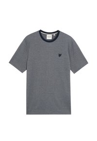 Grå T-shirt lavet af blødt stof med en rund halsudskæring med marineblå kant og et lille broderet logo på brystet. Korte ærmer.