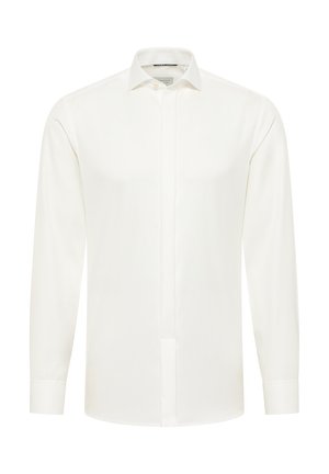 Long-sleeve white dress shirt made of smooth fabric, featuring a classic collar and buttoned front. Cuffs are buttoned, with a tailored fit.