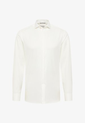 Long-sleeve white dress shirt made of smooth fabric, featuring a classic collar and buttoned front. Cuffs are buttoned, with a tailored fit.