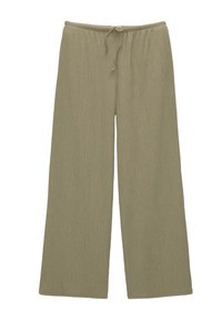 Pantalon ample vert olive clair avec un tissu texturé côtelé. Il comporte une taille élastique avec un cordon de serrage pour un ajustement réglable.
