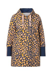 Tunique à capuche en bleu marine avec un imprimé léopard rose et jaune. Dispose de manches bleues contrastantes et d'une poche kangourou. Matière en coton.