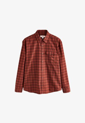 Červená kostkovaná košile s dlouhým rukávem, s knoflíkovým zapínáním vpředu, s límcem na knoflíky a jednou kapsou na prsou. Jemná bavlněná tkanina s kostkovaným vzorem.