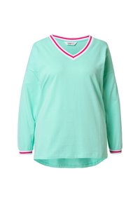 Camicia a maniche lunghe verde menta con scollatura a V e rifiniture a strisce rosa e bianche su colletto e polsini, esposta su sfondo bianco.