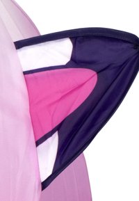 Tessuto viola e rosa con trame sovrapposte, caratterizzato da un design a bordi netti e colori a contrasto a forma appuntita che ricorda un orecchio.