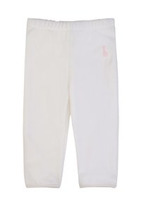 Leggings bianchi in cotone misto con vita elastica, dotati di un piccolo logo rosa. Texture liscia, lunghezza a metà polpaccio, senza motivi.