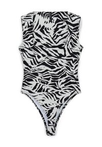 Costume da bagno intero con motivo zebra in bianco e nero, con gamba alta, scollatura rotonda e design senza maniche. Tessuto morbido e testurizzato.