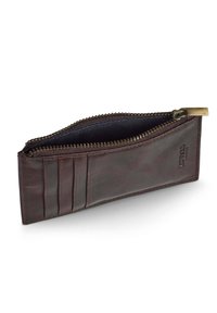 Brown leather wallet with a zip closure, featuring multiple card slots and a textured finish. Interior lined with dark fabric.