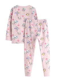 Ensemble de pyjama rose avec un motif répétitif d'animaux de cartoon, d'arcs-en-ciel et de cœurs. Tissu doux avec des manches longues et une taille élastique.