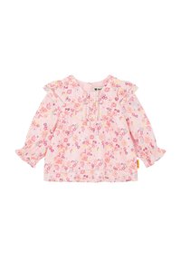 Haut à manches longues à motif floral rose, avec des épaules froncées, des poignets élastiques et des détails de couture subtils sur la poitrine.