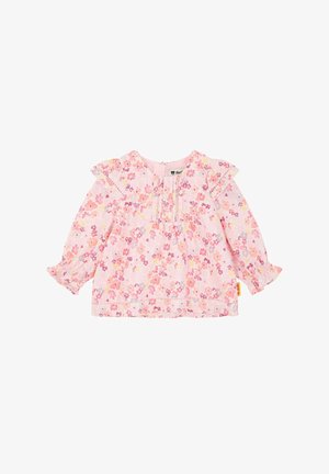 Top a maniche lunghe con motivo floreale rosa, spalle arricciate, polsini arricciati e dettagli di cucitura sottili sul petto.