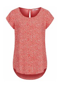 Blouse rouge avec un motif floral, manches courtes, col rond et un détail en keyhole dans le dos. Tissu lisse et léger.