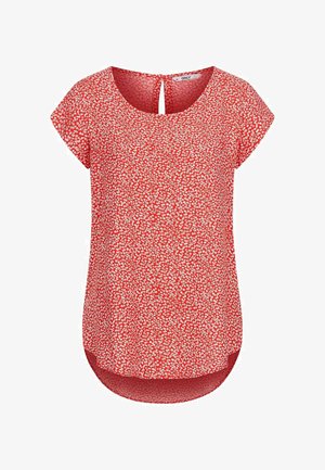Blusa rossa con motivo floreale, maniche corte, scollatura rotonda e dettaglio a forma di chiave sul retro. Tessuto morbido e leggero.