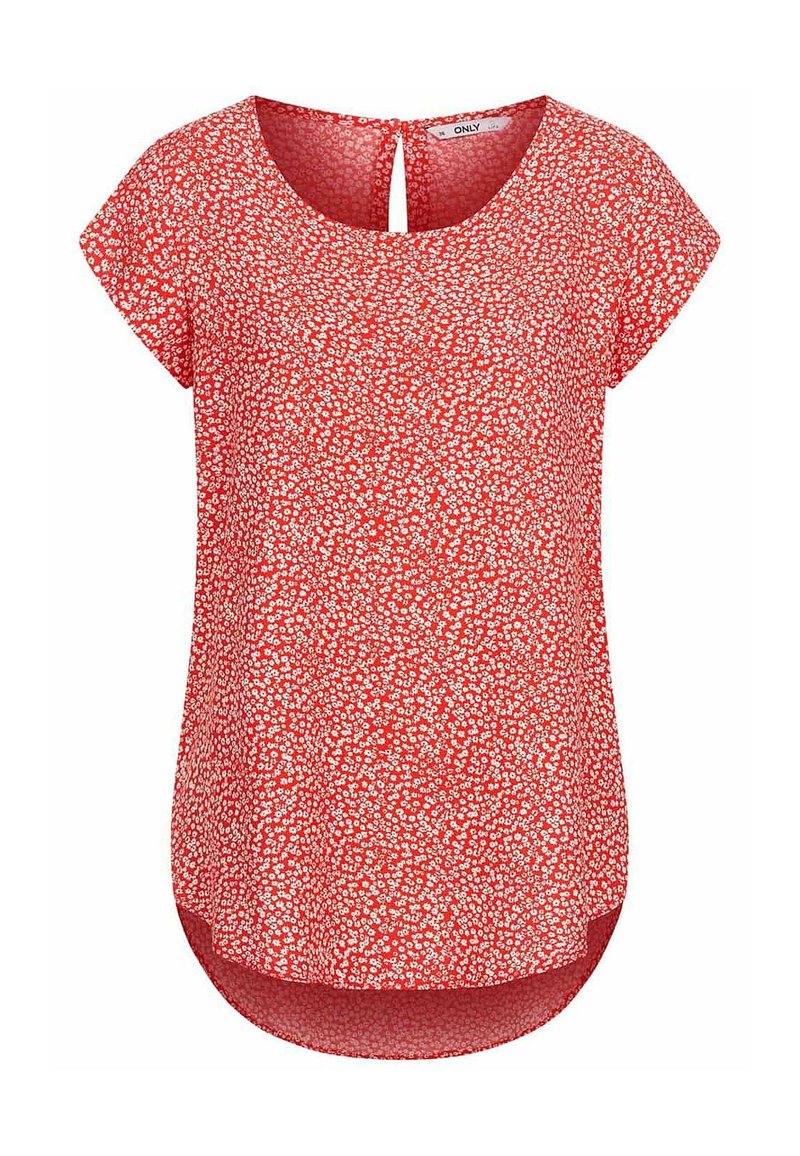 Blouse rouge avec un motif floral, manches courtes, col rond et un détail en keyhole dans le dos. Tissu lisse et léger.