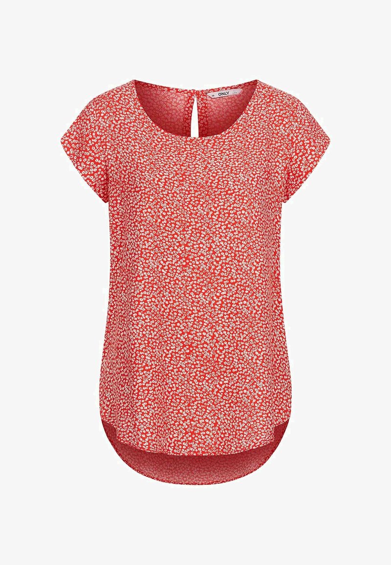 Red blouse with a floral pattern, short sleeves, rounded neckline, and a keyhole detail at the back. Smooth, lightweight fabric.