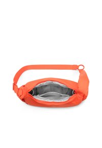 Narancssárga textil válltáska cipzáras záródással, állítható pánttal és szürke belső béléssel, amely további zsebeket tartalmaz.