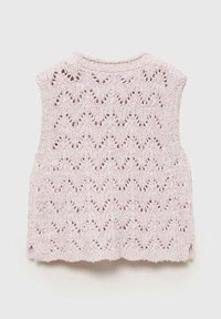 Gilet lavorato a maglia rosa con un motivo a zigzag, collo alto e una trama a rete aperta. Presenta un orlo ondulato e design senza maniche.