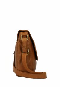 Borsa a tracolla in pelle marrone con una texture liscia, forma strutturata, tracolla regolabile e accessori in metallo color oro. Design con chiusura a pattina.