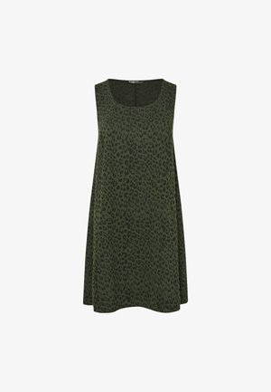 Beżowy top bez rękawów w wzór w panterkę. Posiada okrągły dekolt i luźny krój. Wykonany z miękkiego materiału o gładkiej fakturze.