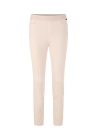 Beige pants with a smooth, stretchy fabric, featuring a tapered leg, elastic waistband, and side pockets. No visible patterns or hardware.