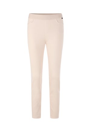 Beige pants with a smooth, stretchy fabric, featuring a tapered leg, elastic waistband, and side pockets. No visible patterns or hardware.