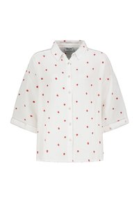 White button-up shirt with short sleeves, featuring a textured fabric and red heart patterns scattered across the surface.