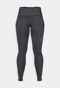 Höga leggings med åtsittande passform, tillverkade av stretchig, mörkgråt tyg. Har platta sömmar och en liten logotyp nära underbenet.
