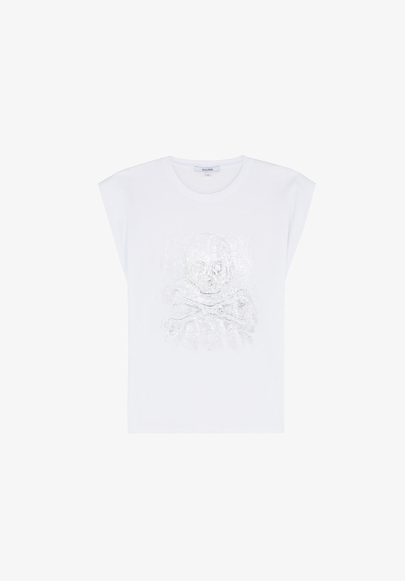 Camiseta sin mangas blanca con un diseño de calavera y huesos cruzados en purpurina plateada en el frente.
