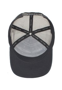 Black cap with a solid front, mesh back, and a curved brim. Interior features a patterned lining and adjustable snapback closure.