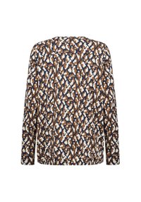 Langärmeliges Oberteil mit abstraktem Muster in Braun, Marineblau und Creme. Hergestellt aus leichtem Stoff mit lockerem Schnitt und abgerundetem Ausschnitt.