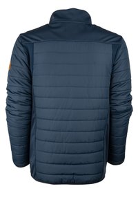 Marineblaue Steppjacke mit gequilteter Textur am Körper und glatten Ärmeln. Sie verfügt über einen hohen Kragen und ein dezentes Logo am linken Arm.