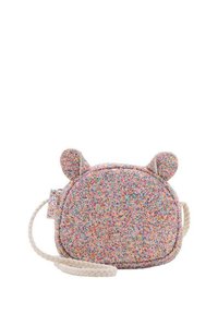 Borsa a tracolla in pile colorata con forma arrotondata, dotata di orecchie d'orso e di un manico intrecciato. Esterno testurizzato e morbido con macchie multicolori.