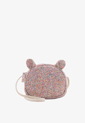 Farbenfrohe Fleece-Crossbody-Tasche mit runder Form, ausgestattet mit Bärenohren und einem geflochtenen Tragegurt. Texturierte, weiche Außenseite mit mehrfarbigen Sprenkeln.