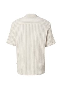 Chemise beige à manches courtes avec fines rayures verticales, vue de dos, présentant un ourlet droit et une coupe décontractée.