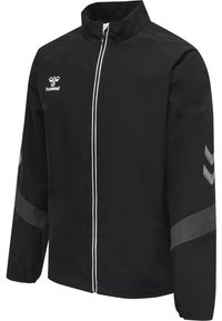 Schwarze Jacke aus glattem Stoff, mit hohem Kragen, Frontreißverschluss und kontrastierenden weißen Streifen. Graue Akzente an den Ärmeln.