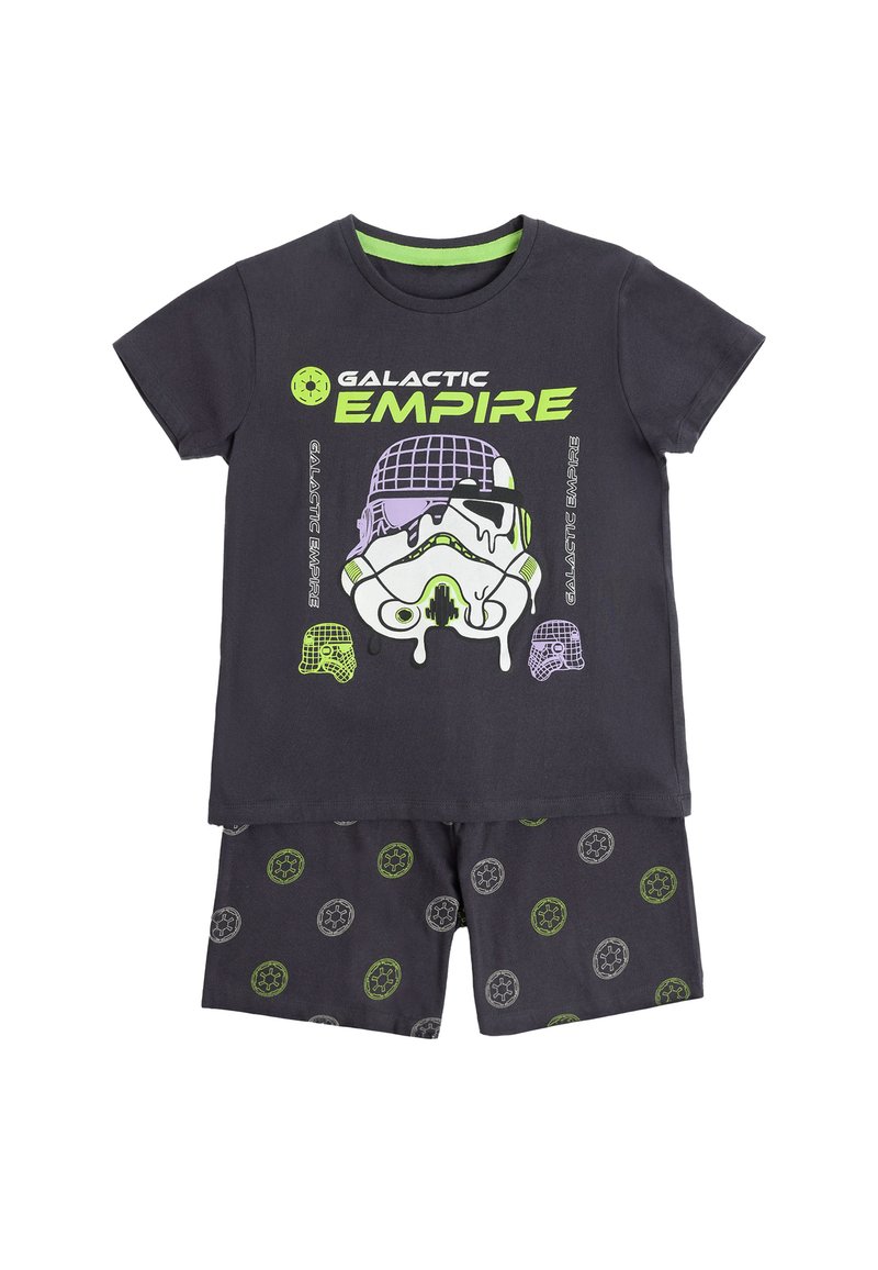 Conjunto de dos piezas para niños en gris oscuro con el texto "Imperio Galáctico" y un casco de stormtrooper estilizado en la camiseta, pantalones cortos estampados con emblemas circulares.