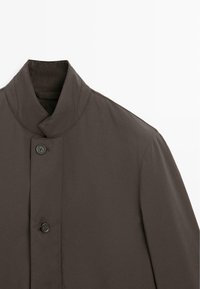 Brauner Trenchcoat mit hohem Kragen, doppelter Knopfleiste und glatter Stoffstruktur in minimalistischem Design.