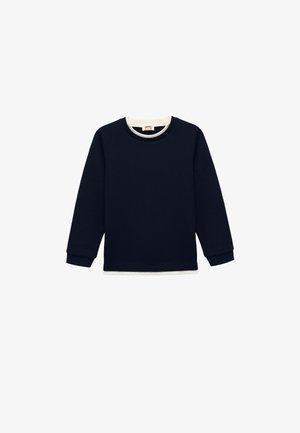 Marineblauw langemouwen top van een gestructureerde stof, met een ronde crèmekleurige halslijn en bijpassende manchetten. Eenvoudige, relaxed fit, zonder patronen of accenten.