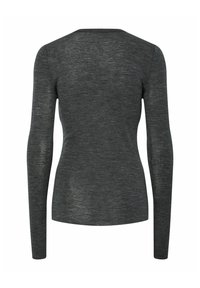 Ciemnoszara, dopasowana bluzka z dzianiny z długim rękawem, widoczna od tyłu, z okrągłym dekoltem i lekko fakturowaną tkaniną.