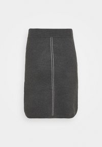 Jupe grise en tissu tricoté avec une coupe droite, dotée d'un détail de couture verticale blanche au centre et d'une taille côtelée.
