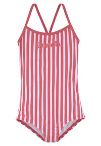 Rot-weißer gestreifter Badeanzug mit Halterneck und dünnen Trägern, versehen mit einem strukturierten Logo "Bench." auf der Brust.