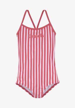 Rot-weißer gestreifter Badeanzug mit Halterneck und dünnen Trägern, versehen mit einem strukturierten Logo "Bench." auf der Brust.